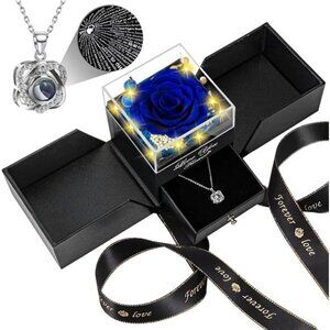 Preserved Blue Real Rose with Heart I Love You Necklace -Eternal Flowers Rose